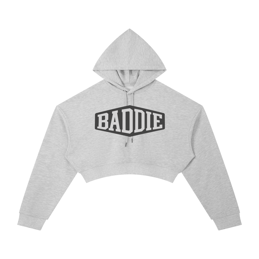 Sudadera cropped gris jaspeado con capucha y hombro caido, vista frontal