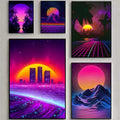 Conjunto de pósters de estética retrowave con atardeceres y palmeras en tonos neón