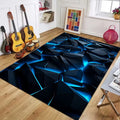 Alfombra con patrón geométrico en tonos neón bajo un escritorio de juego