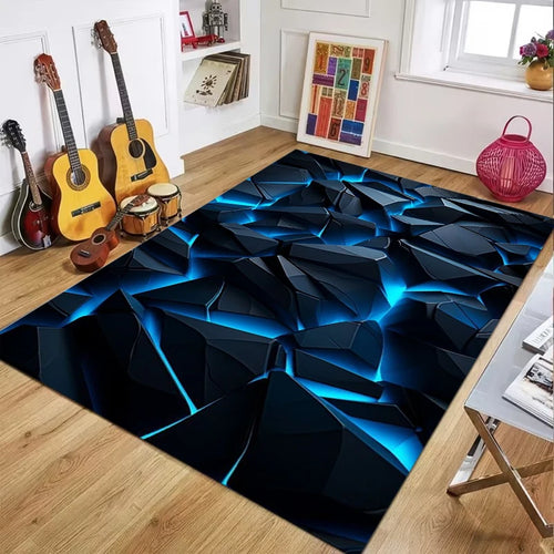 Alfombra con patrón geométrico en tonos neón bajo un escritorio de juego