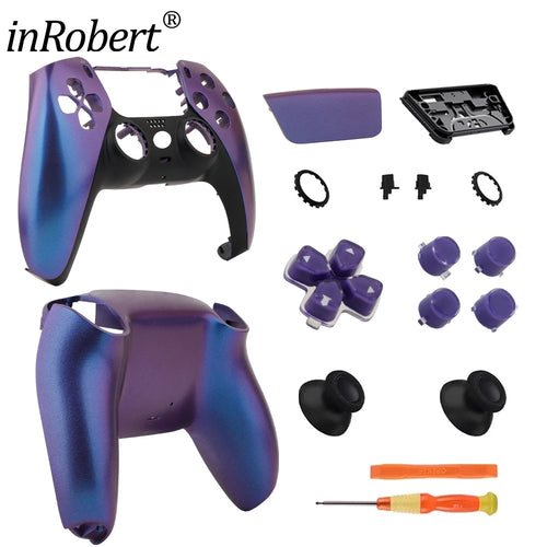 Carcasa de repuesto morada para control DualSense, vista frontal y trasera